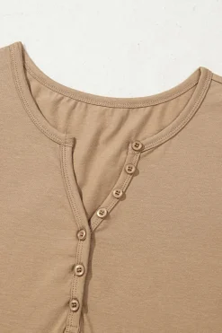 New Dear-Lover Long Sleeve Buttons V Neck Slim Fit Top Pale Khaki