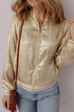 Online Dear-Lover Metallic Zip up Baseball Jacket Pale Khaki