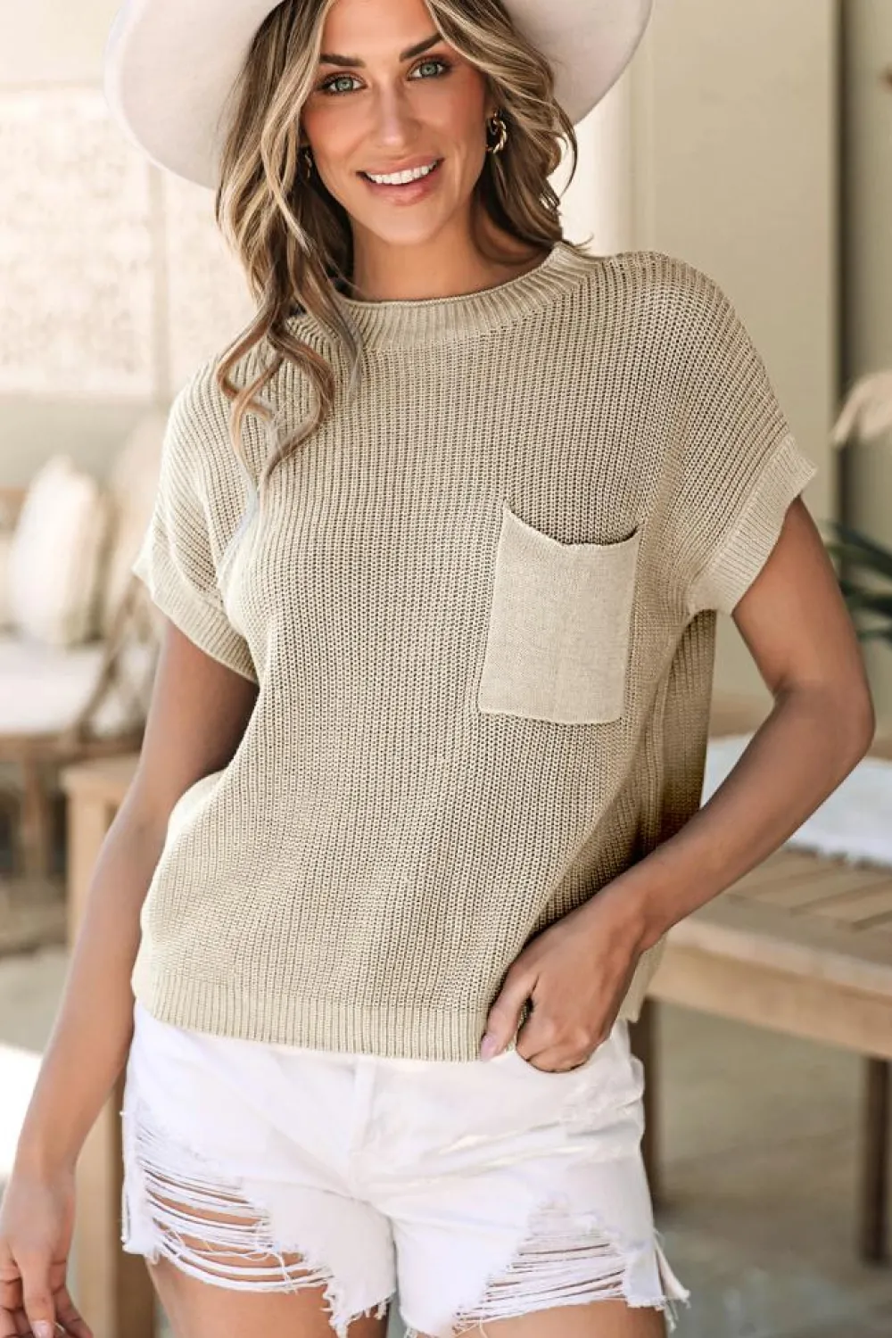 Best Dear-Lover Patch Pocket Short Sleeve Sweater Pale Khaki