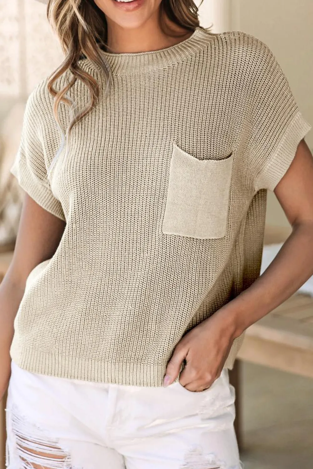 Best Dear-Lover Patch Pocket Short Sleeve Sweater Pale Khaki