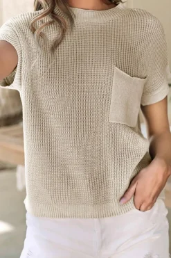 Best Dear-Lover Patch Pocket Short Sleeve Sweater Pale Khaki