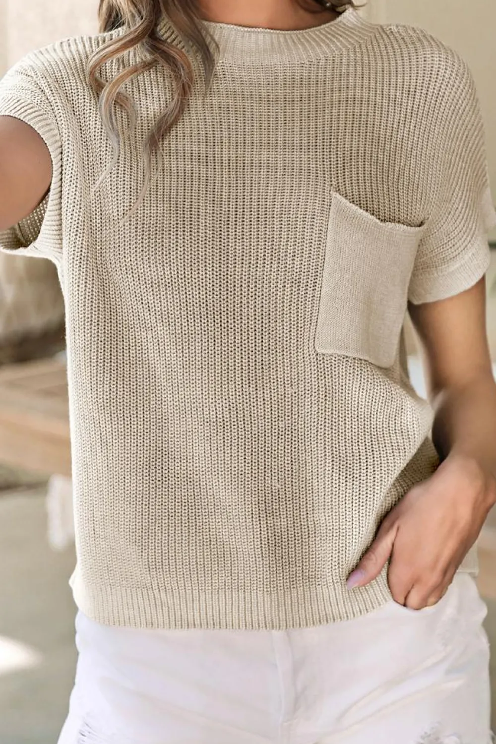 Best Dear-Lover Patch Pocket Short Sleeve Sweater Pale Khaki