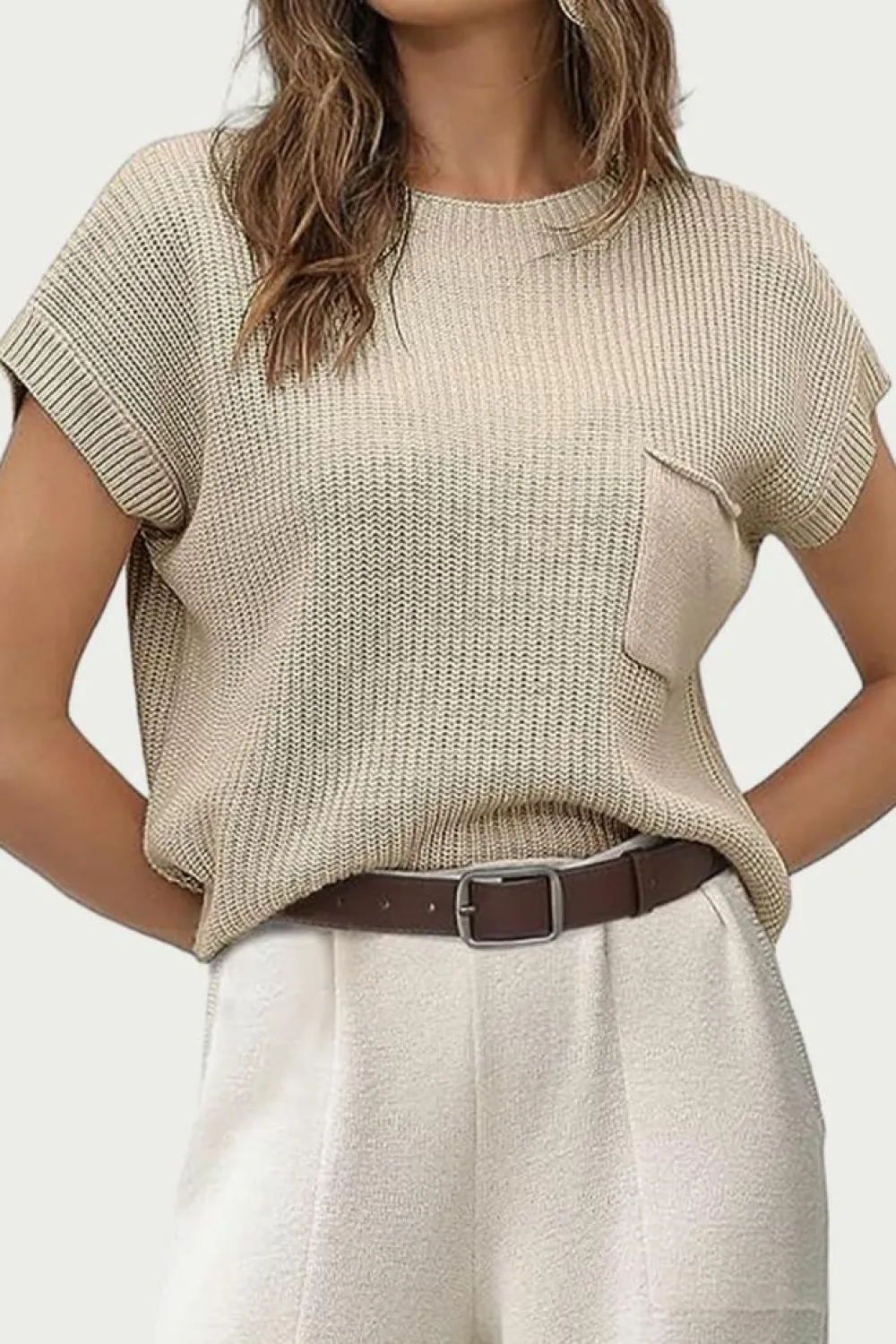 Best Dear-Lover Patch Pocket Short Sleeve Sweater Pale Khaki