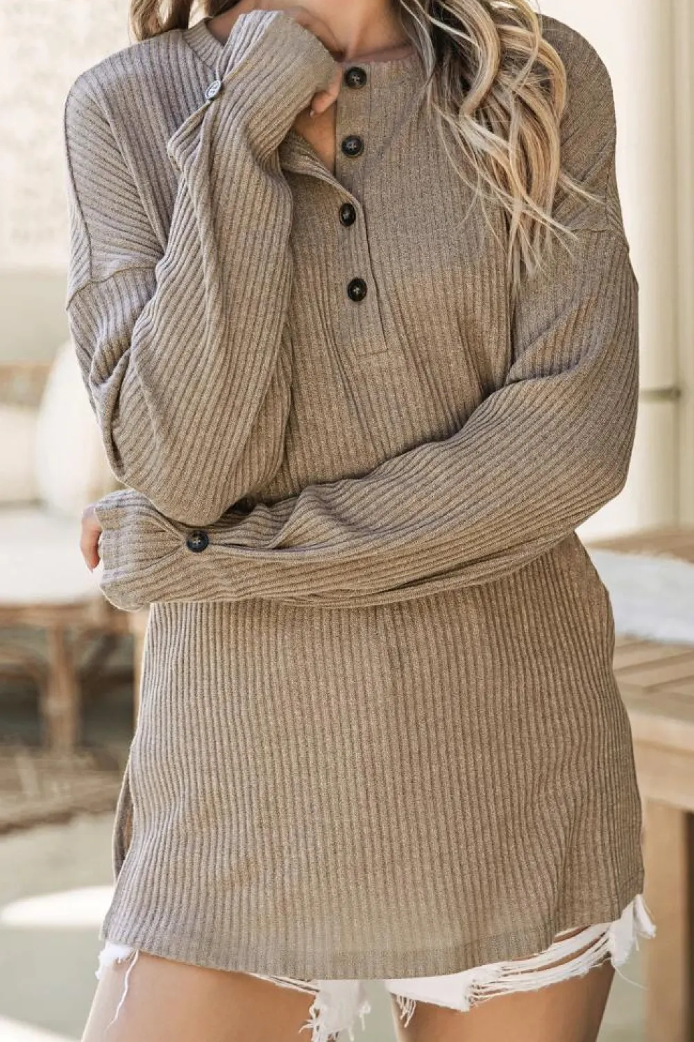 Clearance Dear-Lover Rib Textured Henley Knit Top Pale Khaki