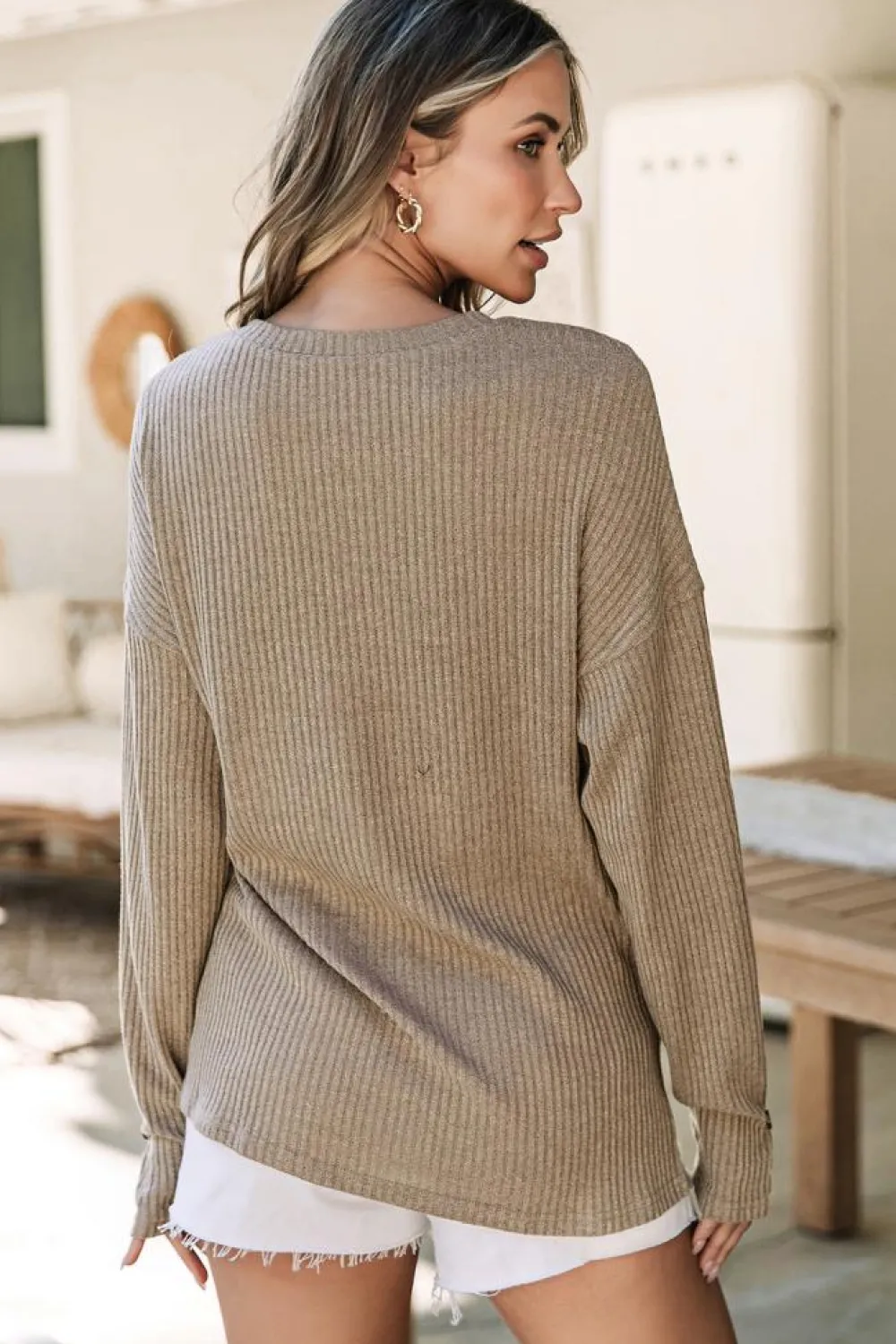 Clearance Dear-Lover Rib Textured Henley Knit Top Pale Khaki