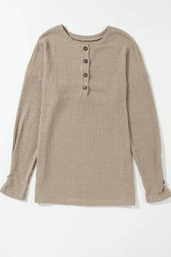 Clearance Dear-Lover Rib Textured Henley Knit Top Pale Khaki