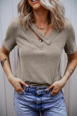 Fashion Dear-Lover Ribbed Buttoned Strappy V Neck Tee Pale Khaki