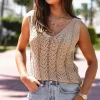 Outlet Dear-Lover Scalloped Hem V Neck Crochet Knit Vest Pale Khaki