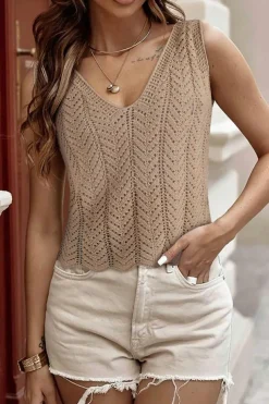 Outlet Dear-Lover Scalloped Hem V Neck Crochet Knit Vest Pale Khaki