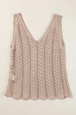 Outlet Dear-Lover Scalloped Hem V Neck Crochet Knit Vest Pale Khaki