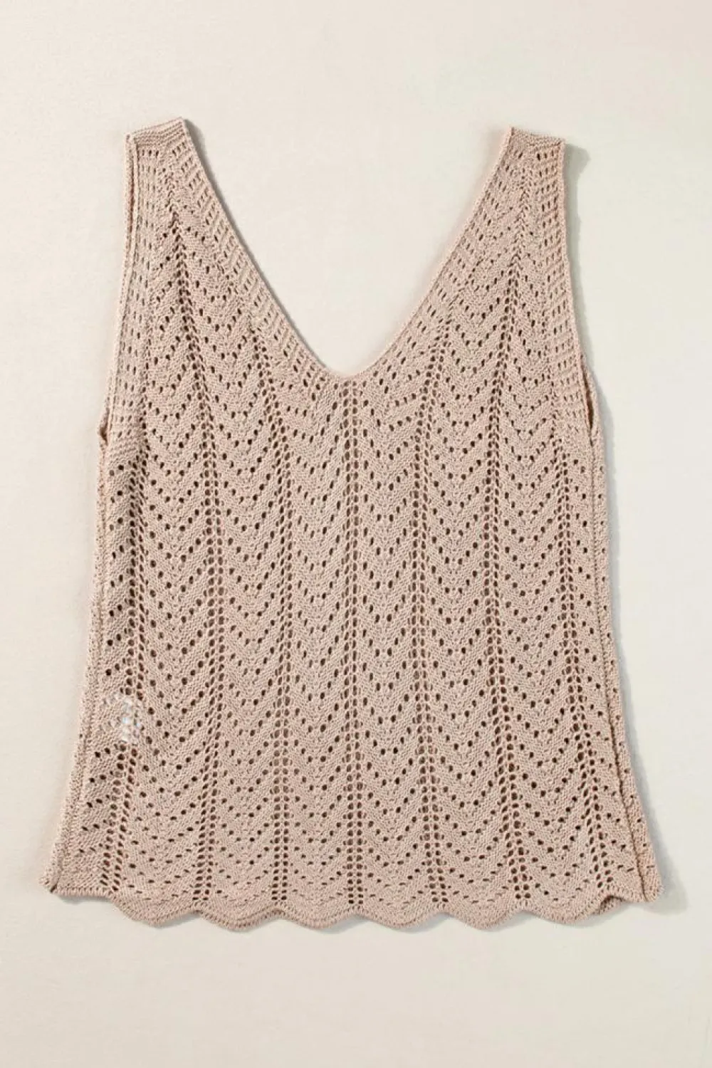 Outlet Dear-Lover Scalloped Hem V Neck Crochet Knit Vest Pale Khaki