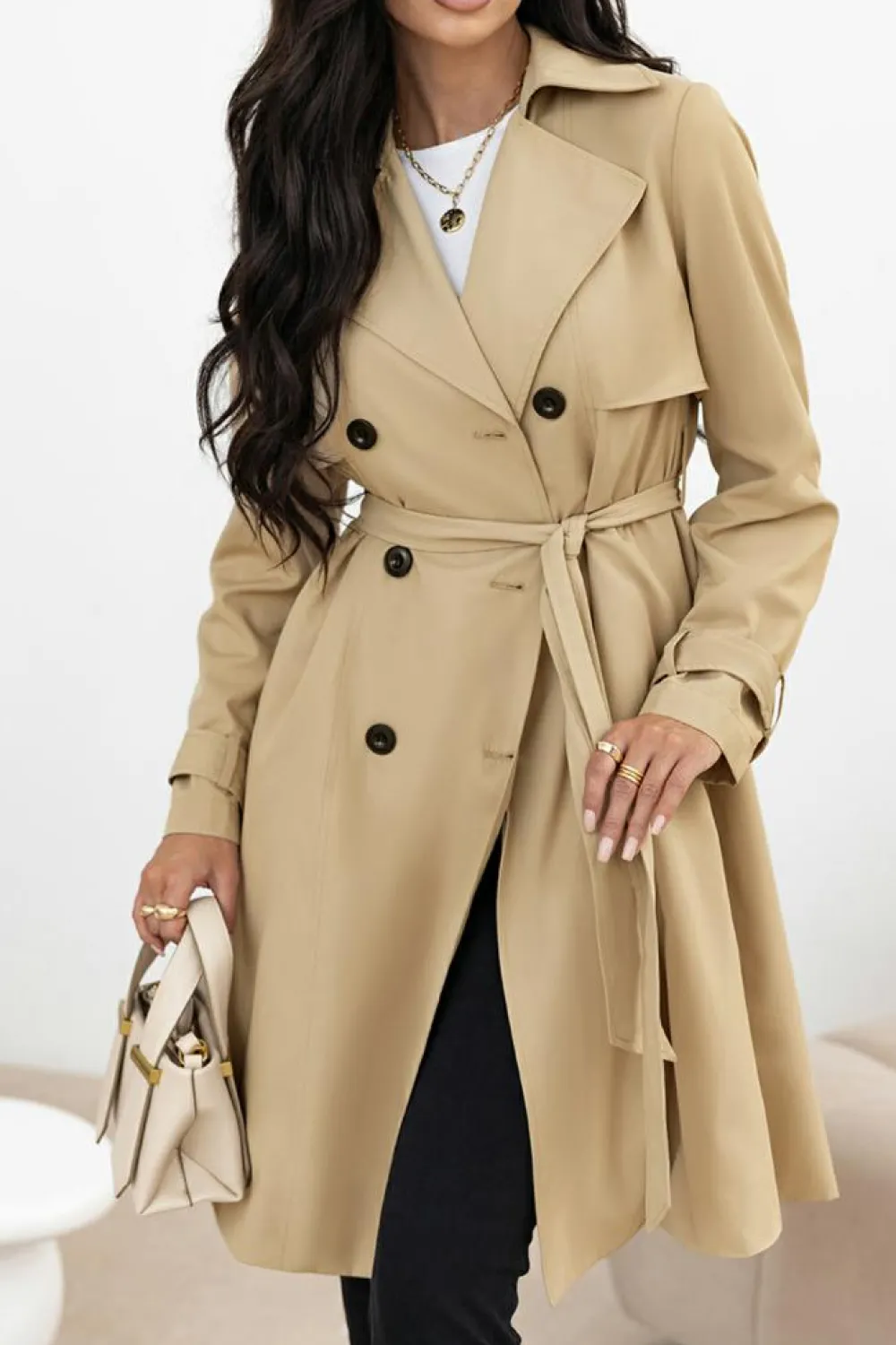 Discount Dear-Lover Solid Color Lapel Collar Waist Tie Wind Coat Pale Khaki
