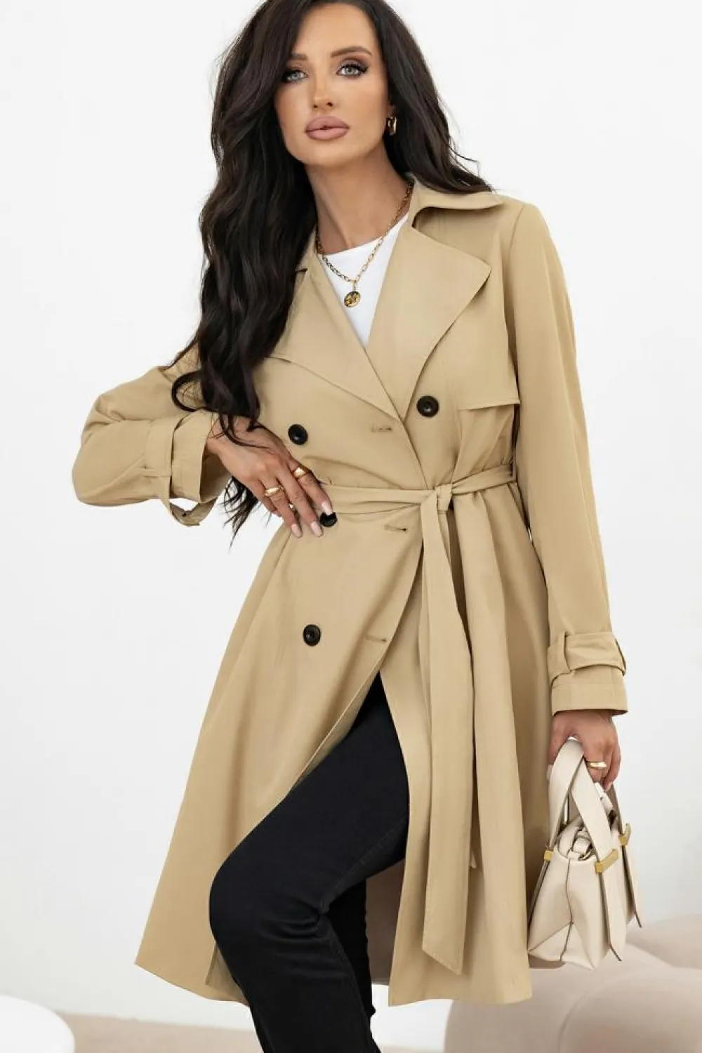 Discount Dear-Lover Solid Color Lapel Collar Waist Tie Wind Coat Pale Khaki