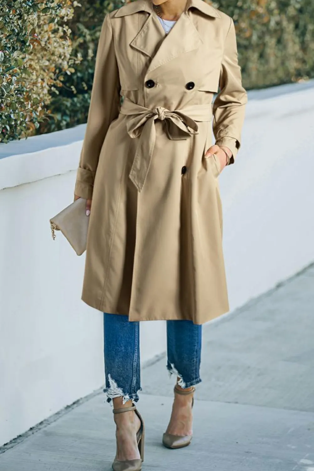 Discount Dear-Lover Solid Color Lapel Collar Waist Tie Wind Coat Pale Khaki