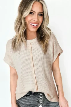 Outlet Dear-Lover Solid Color Textured Seamed Short Sleeve Top Pale Khaki