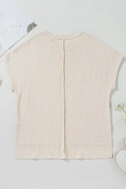 Outlet Dear-Lover Solid Color Textured Seamed Short Sleeve Top Pale Khaki