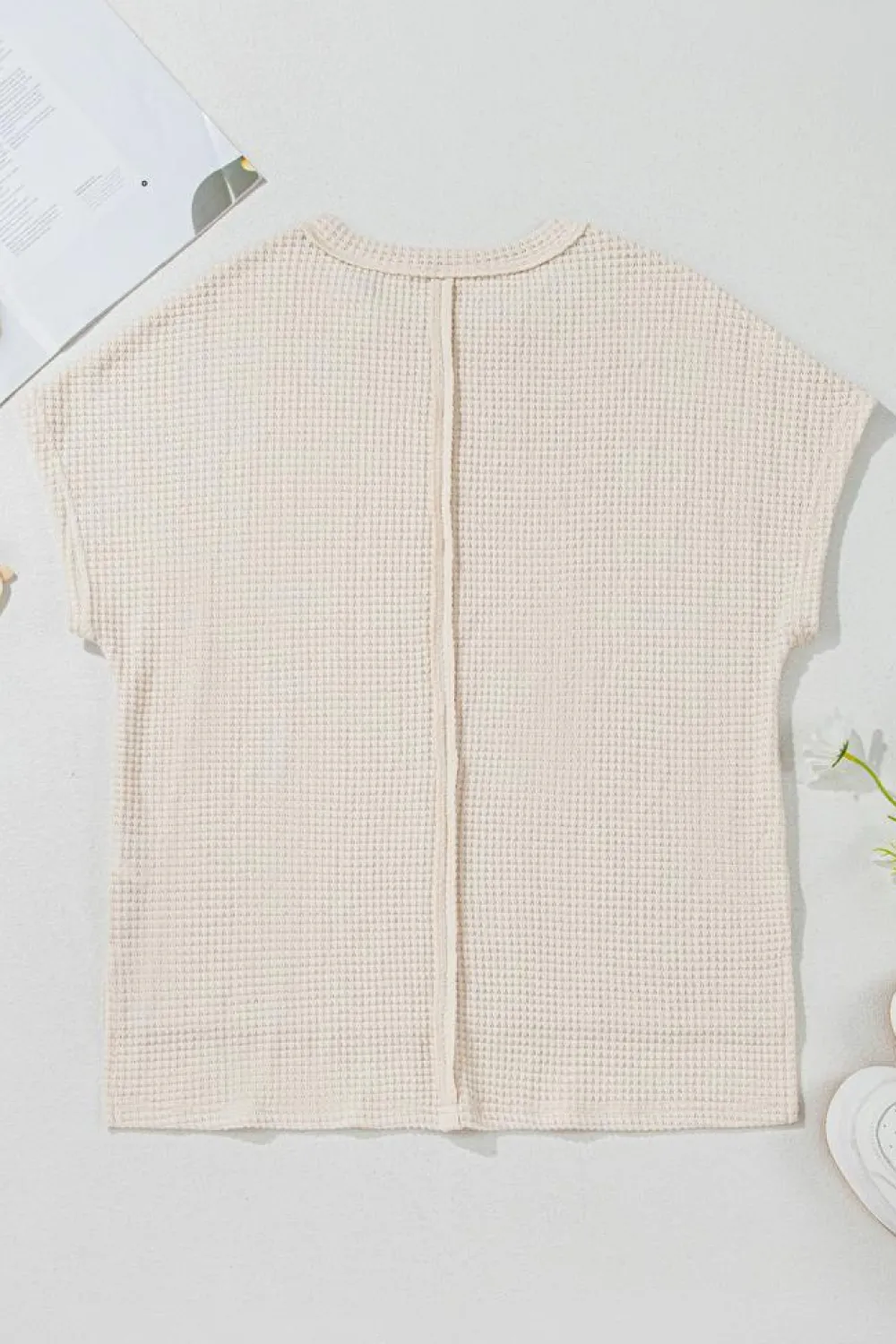 Outlet Dear-Lover Solid Color Textured Seamed Short Sleeve Top Pale Khaki