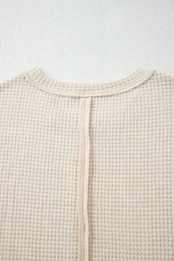 Outlet Dear-Lover Solid Color Textured Seamed Short Sleeve Top Pale Khaki