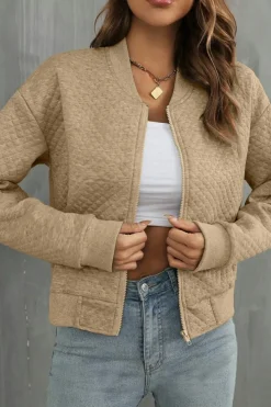 New Dear-Lover Solid Geometric Textured Baseball Collar Jacket Pale Khaki