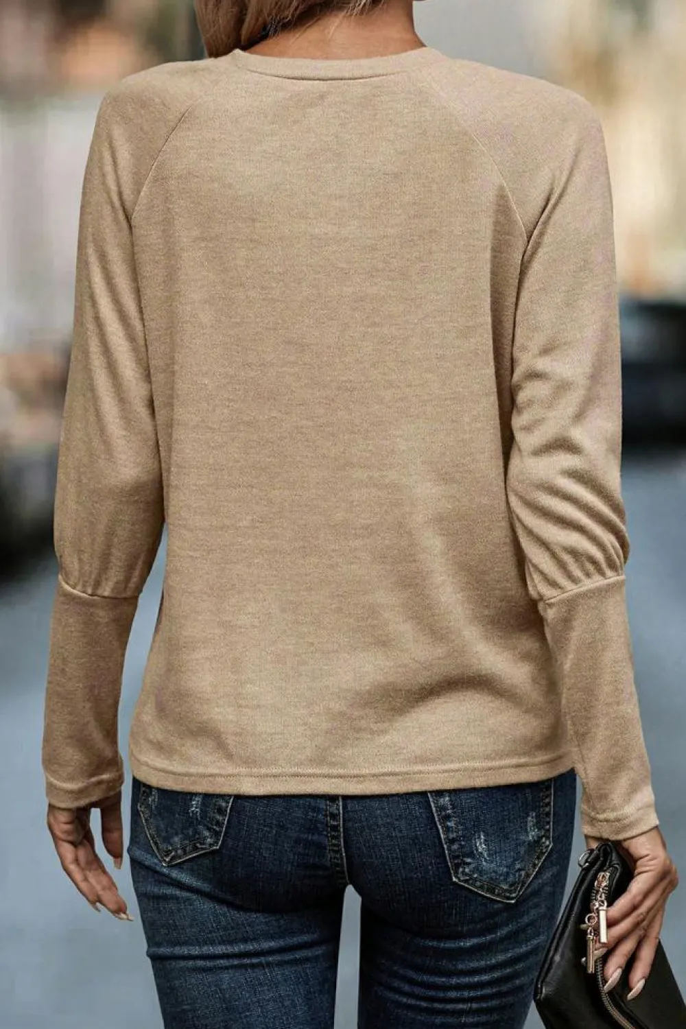 Discount Dear-Lover Solid Ruched Raglan Sleeve Knit Top Pale Khaki