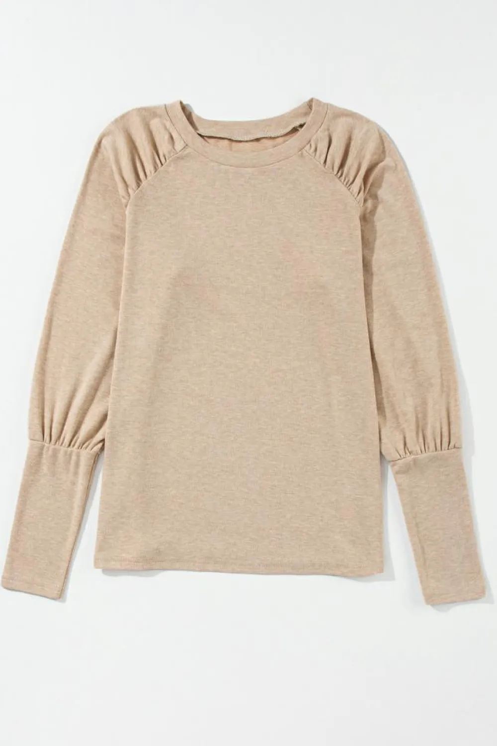 Discount Dear-Lover Solid Ruched Raglan Sleeve Knit Top Pale Khaki