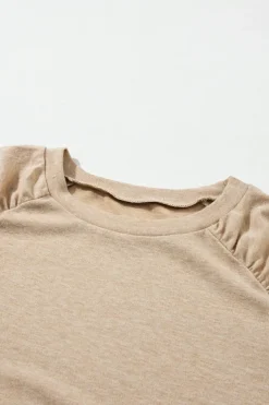 Discount Dear-Lover Solid Ruched Raglan Sleeve Knit Top Pale Khaki