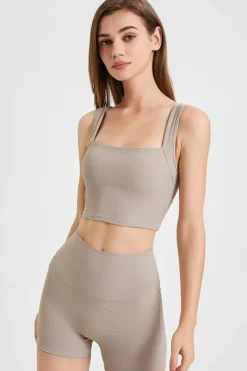 New Dear-Lover Square Neck Cutout Back Crop Yoga Tank Top Pale Khaki