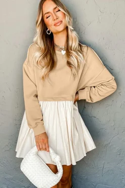 Fashion Dear-Lover Sweatshirt Poplin Mini Dress Pale Khaki