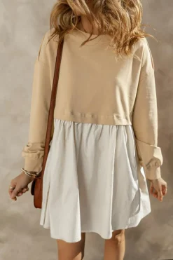 Fashion Dear-Lover Sweatshirt Poplin Mini Dress Pale Khaki