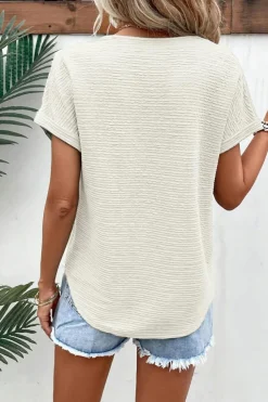 Online Dear-Lover Textured Wide Sleeve V Neck T Shirt Pale Khaki