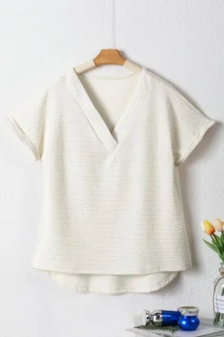 Online Dear-Lover Textured Wide Sleeve V Neck T Shirt Pale Khaki