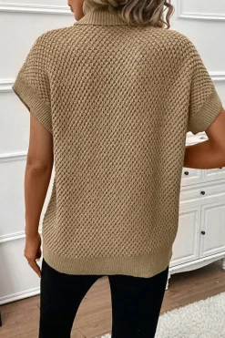 New Dear-Lover Turtleneck Textured Short Sleeve Sweater Pale Khaki