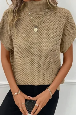 New Dear-Lover Turtleneck Textured Short Sleeve Sweater Pale Khaki
