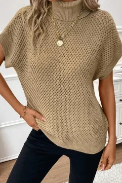 New Dear-Lover Turtleneck Textured Short Sleeve Sweater Pale Khaki