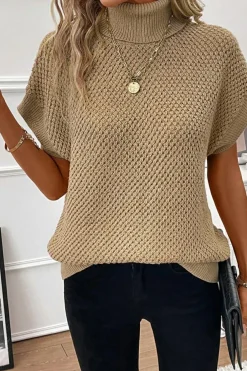 New Dear-Lover Turtleneck Textured Short Sleeve Sweater Pale Khaki
