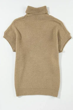 New Dear-Lover Turtleneck Textured Short Sleeve Sweater Pale Khaki