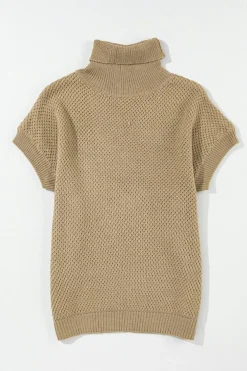 New Dear-Lover Turtleneck Textured Short Sleeve Sweater Pale Khaki