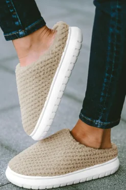 Outlet Dear-Lover Two-tone Knitted Warm Homewear Slippers Pale Khaki