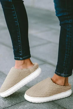 Outlet Dear-Lover Two-tone Knitted Warm Homewear Slippers Pale Khaki