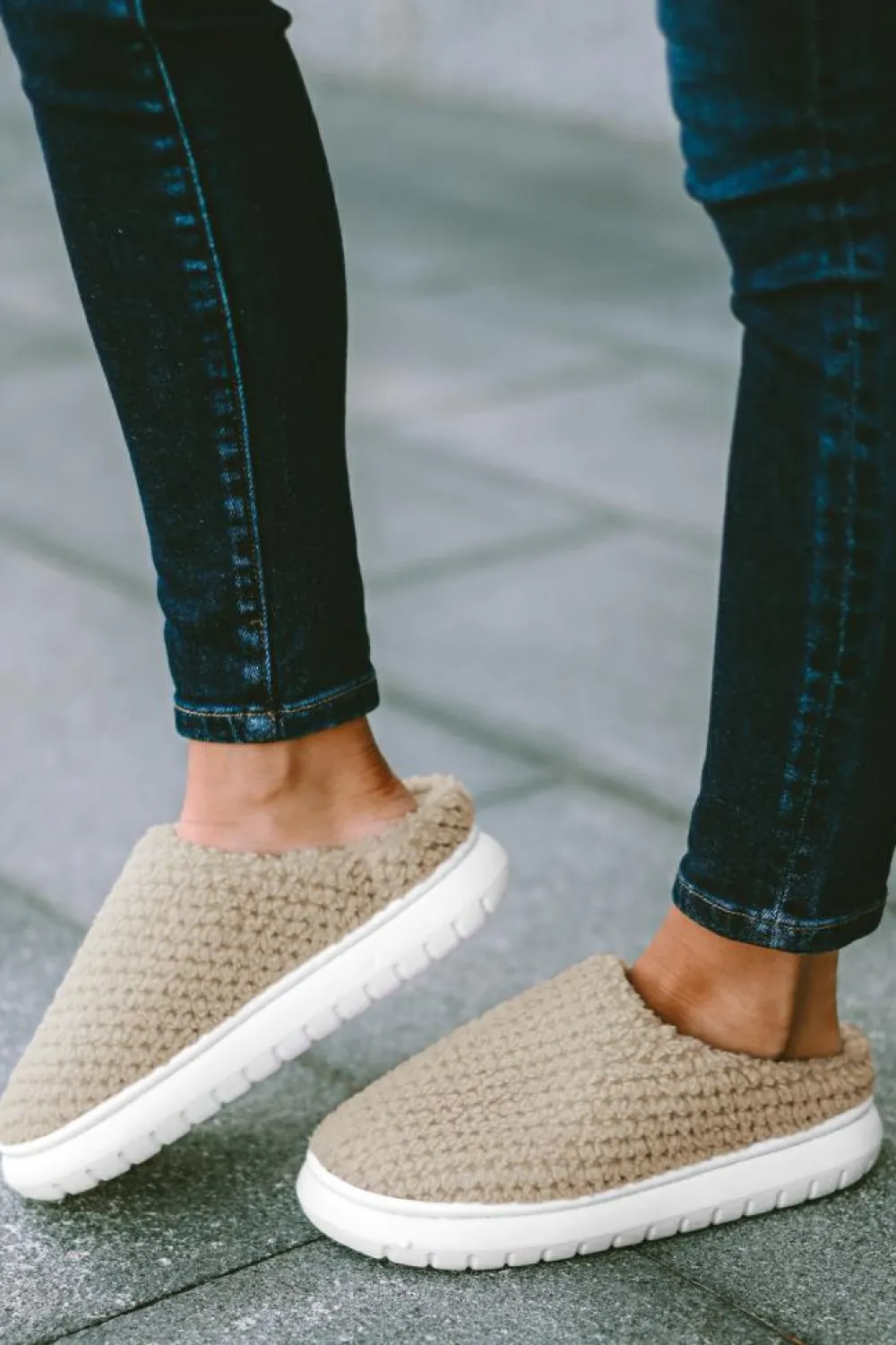 Outlet Dear-Lover Two-tone Knitted Warm Homewear Slippers Pale Khaki