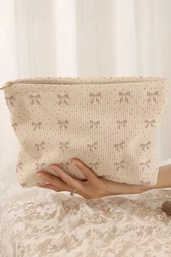 Outlet Dear-Lover Bow Knot Dot Print Zipper Corduroy Cosmetic Bag Parchment