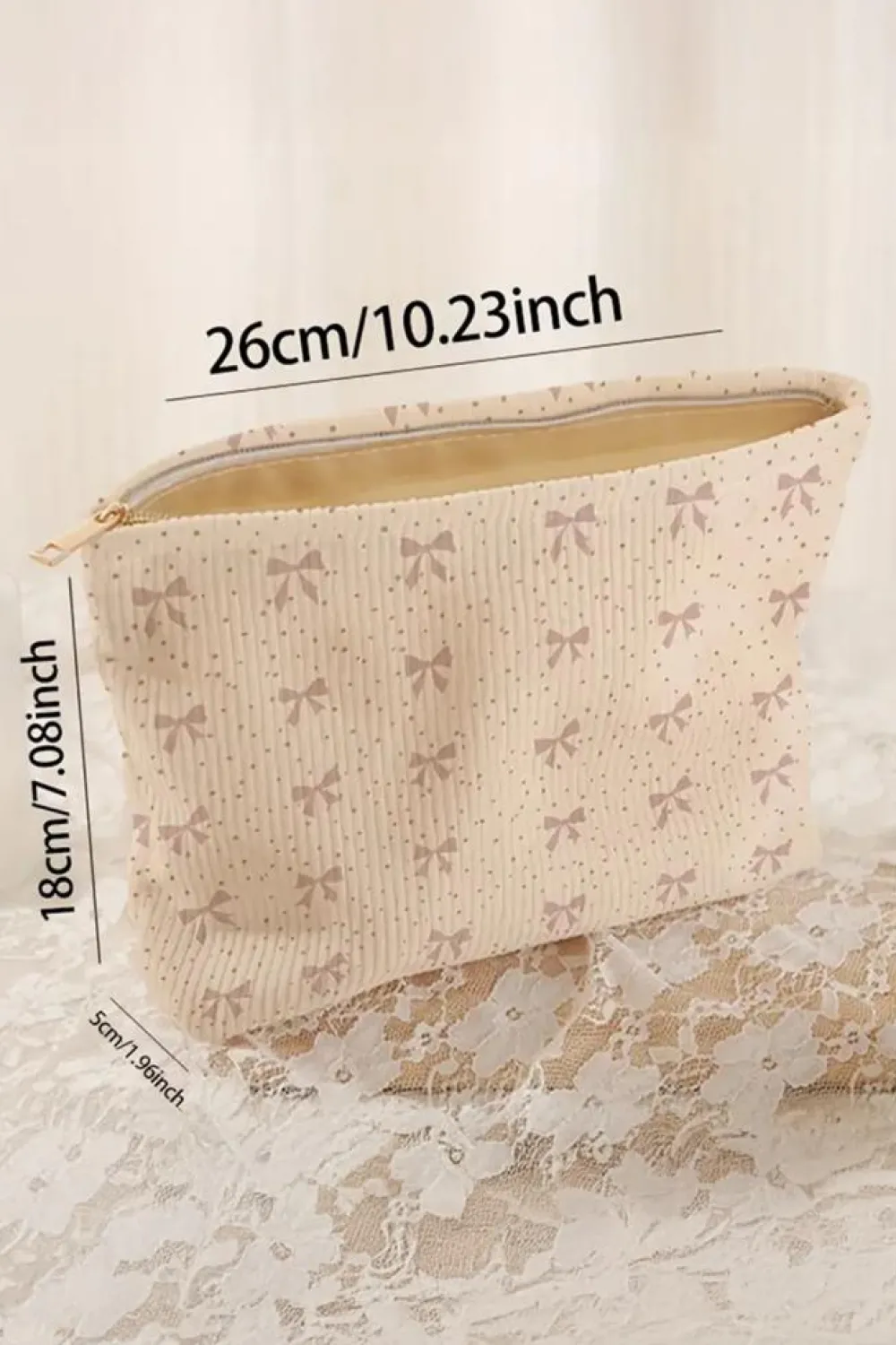 Outlet Dear-Lover Bow Knot Dot Print Zipper Corduroy Cosmetic Bag Parchment