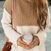 Online Dear-Lover Cable Knit Color Block Side Splits High Neck Sweater Parchment