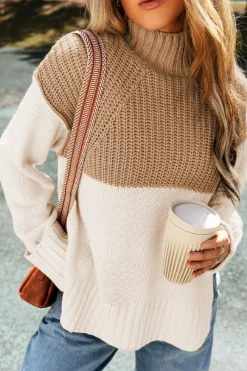 Online Dear-Lover Cable Knit Color Block Side Splits High Neck Sweater Parchment