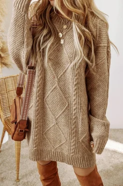 Best Dear-Lover Cable Knit Drop Shoulder Loose Fit Sweater Dress Parchment