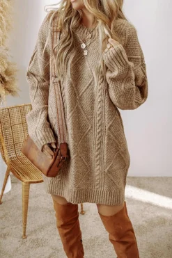 Best Dear-Lover Cable Knit Drop Shoulder Loose Fit Sweater Dress Parchment