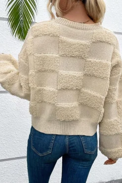 Online Dear-Lover Checkered Sherpa Crew Neck Loose Sweater Parchment