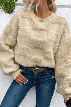 Online Dear-Lover Checkered Sherpa Crew Neck Loose Sweater Parchment