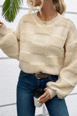 Online Dear-Lover Checkered Sherpa Crew Neck Loose Sweater Parchment