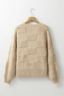 Online Dear-Lover Checkered Sherpa Crew Neck Loose Sweater Parchment